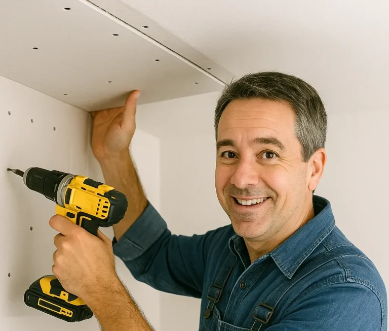 Drywall Mastery – Flawless installations, seamless repairs, and professional finishing Smiling man using a power drill to install shelving in a white room.