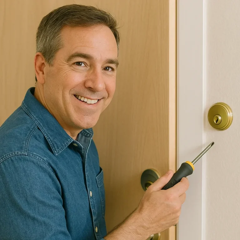 Home Repair Services Kitchens, Baths, Walls, Floors & More Smiling man using a screwdriver to repair a door lock.