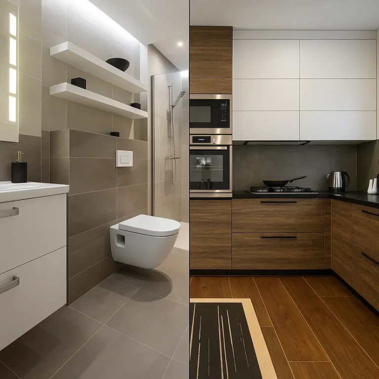 Kitchen & Bathroom Makeovers – Modern upgrades tailored to your style Modern bathroom with a wall-mounted toilet and elegant kitchen with dark wooden cabinets.