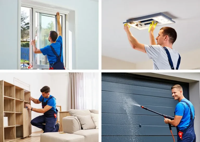 window services lighting services assembly services other services A worker performing various maintenance tasks, including window installation and garage cleaning.
