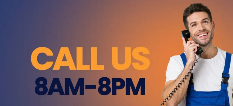 Call us Person in a blue shirt and overalls smiling while holding a phone, promoting call hours.